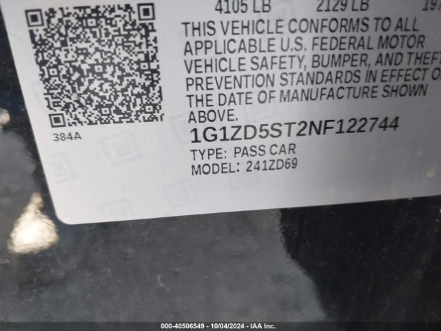 1G1ZD5ST2NF122744 Chevrolet Malibu Fwd Lt