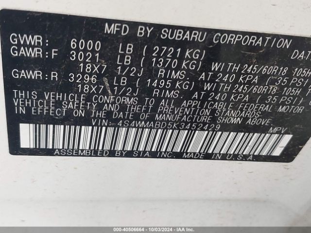 4S4WMABD5K3452429 Subaru Ascent Premium