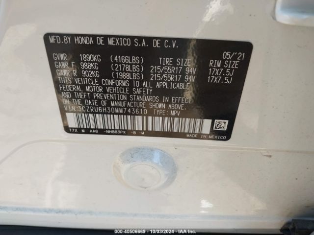 3CZRU6H30MM743610 Honda Hr-v Awd Lx