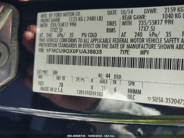 Ford ESCAPE SE 2015 1FMCU9GX0FUA38835 Image 9