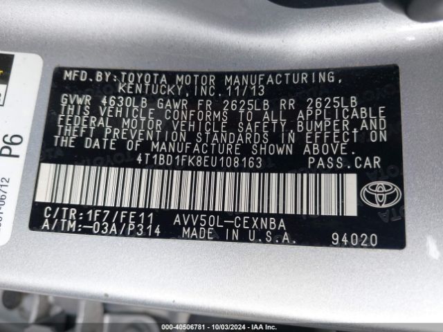 4T1BD1FK8EU108163 Toyota Camry Hybrid Le