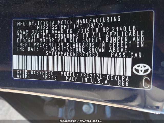 Toyota COROLLA LE 2022 5YFEPMAE0NP371353 Image 9