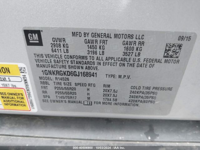1GNKRGKD6GJ168941 Chevrolet Traverse 1lt