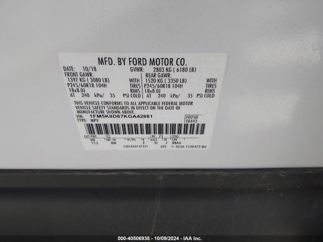 Ford EXPLORER XLT 2019 1FM5K8D87KGA42881 Image 9