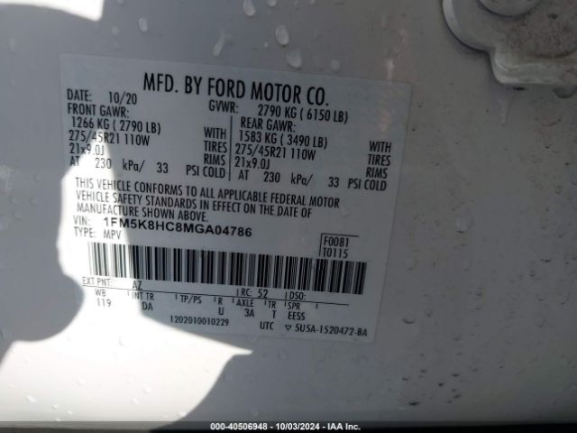 1FM5K8HC8MGA04786 Ford Explorer Platinum