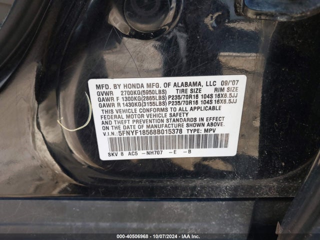 Продажа на аукционе авто 2008 Honda Pilot Ex-l, vin: 5FNYF18568B015378, номер лота: 40506968