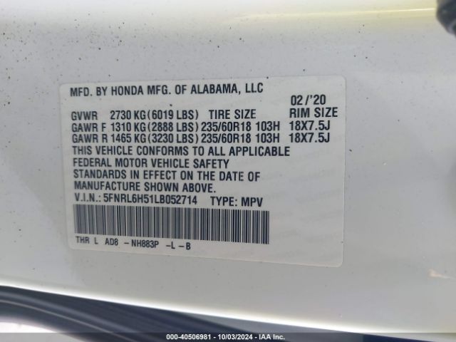 5FNRL6H51LB052714 Honda ODYSSEY EX
