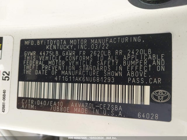 4T1G11AK6NU681293 Toyota CAMRY SE