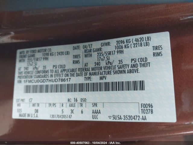 1FMCU0GD7HUD78617 Ford ESCAPE SE