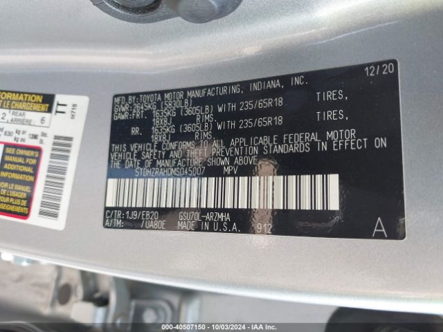 5TDHZRAH0MS045007 Toyota Highlander Xle