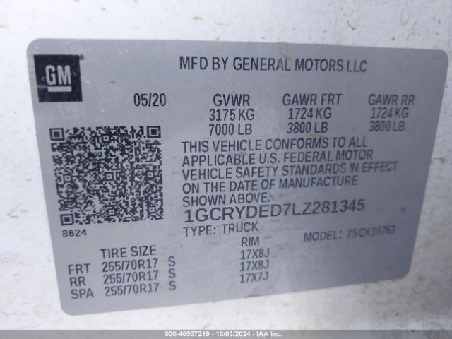1GCRYDED7LZ281345 Chevrolet Silverado 1500 4wd  Standard Bed Lt