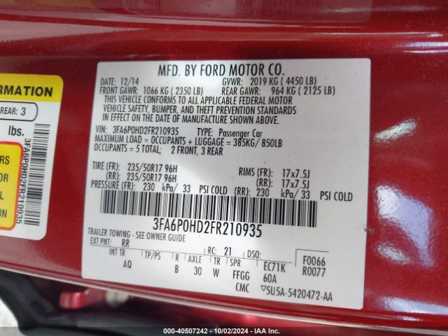 3FA6P0HD2FR210935 Ford FUSION SE