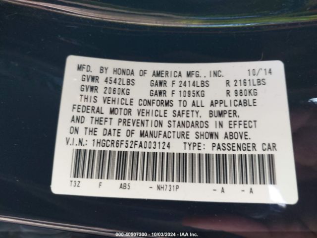 1HGCR6F52FA003124 Honda Accord Hybrid Ex-l