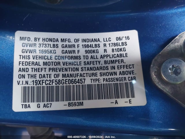 Honda Civic Lx 2016 19XFC2F58GE066457 Image 9
