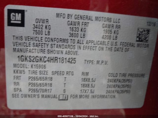 1GKS2GKC4HR181425 GMC Yukon Xl Slt