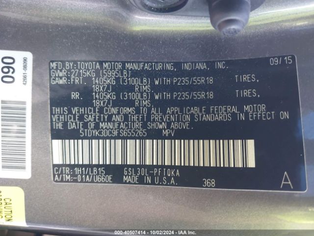 5TDYK3DC9FS655265 Toyota Sienna Limited Premium 7 Passenger