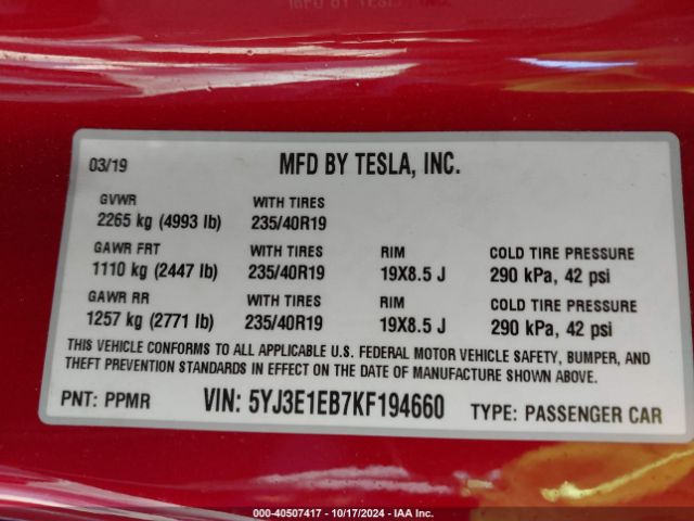 5YJ3E1EB7KF194660 Tesla Model 3 Long Range/performance