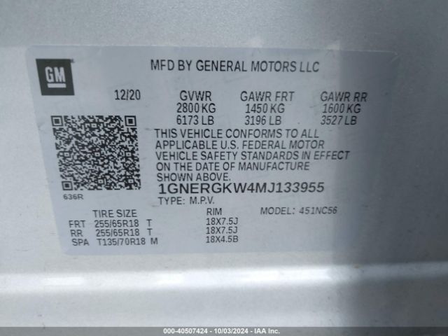 1GNERGKW4MJ133955 Chevrolet Traverse Fwd Lt Cloth