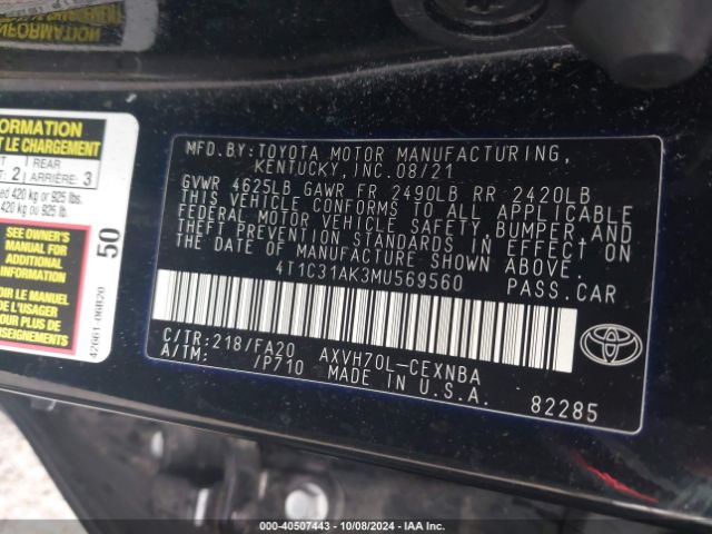 4T1C31AK3MU569560 Toyota Camry Le Hybrid