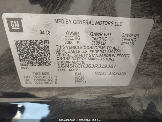 1GNSKCKJ6JR319367 Chevrolet l86 - spark ignited direct injection, variable valve timing, e85 max, afm, alum