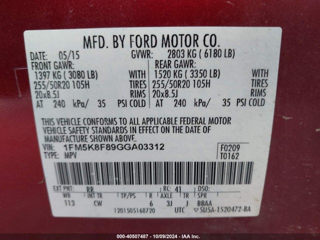 Ford Explorer Limited 2016 1FM5K8F89GGA03312 Image 9