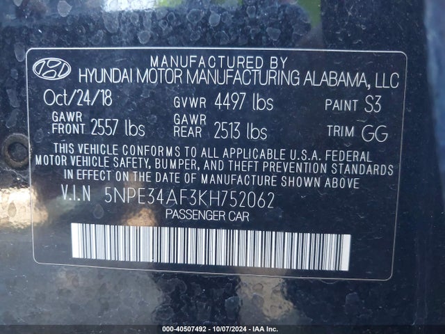 Hyundai SONATA SEL 2019 5NPE34AF3KH752062 Image 9