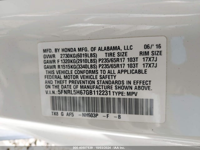 Honda Odyssey Ex-l 2016 5FNRL5H67GB112231 Image 9