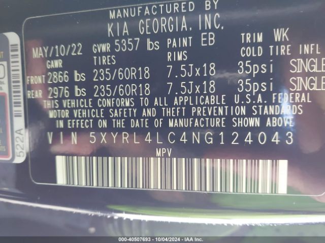 5XYRL4LC4NG124043 KIA SORENTO S