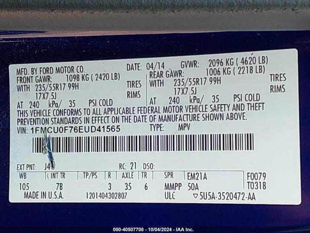 Ford ESCAPE S 2014 1FMCU0F76EUD41565 Image 9