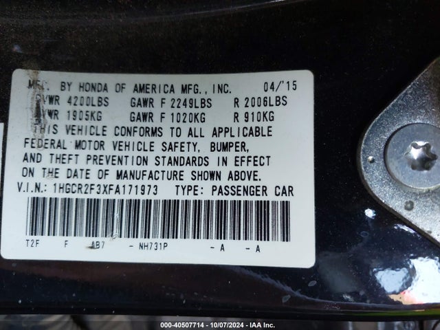 Honda ACCORD LX 2015 1HGCR2F3XFA171973 Image 9