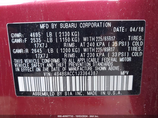 Subaru Outback 2.5i Premium 2018 4S4BSACC1J3364387 Image 9