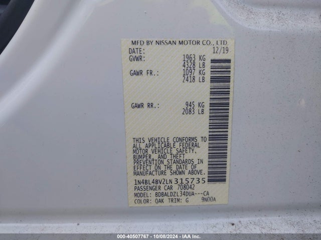 Nissan Altima S Fwd 2020 1N4BL4BV2LN315735 Image 9