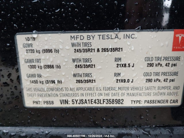 2020 TESLA MODEL S 5YJSA1E43LF358982 Photo 8