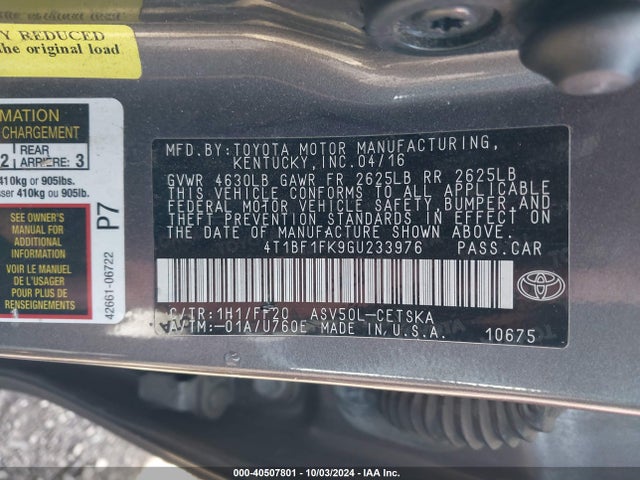 Toyota CAMRY SE 2016 4T1BF1FK9GU233976 Image 9
