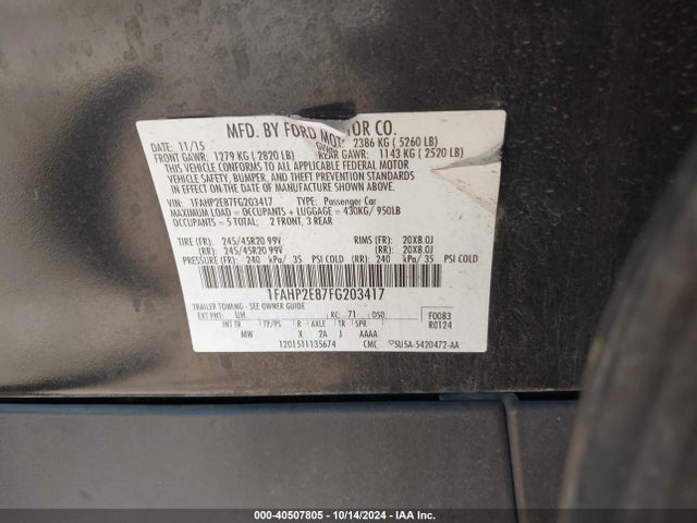 Ford TAURUS SEL 2015 1FAHP2E87FG203417 Image 8