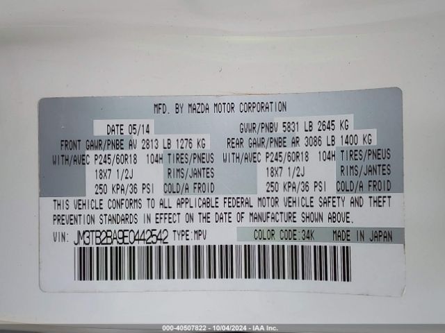 JM3TB2BA9E0442542 Mazda CX-9 SPORT