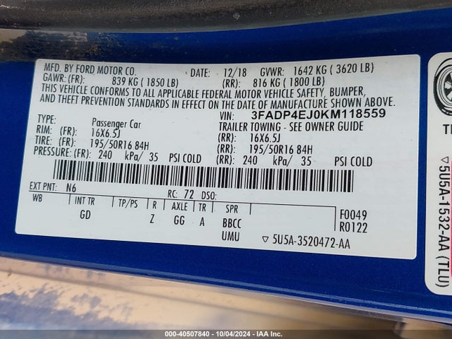 Ford FIESTA SE 2019 3FADP4EJ0KM118559 Image 9