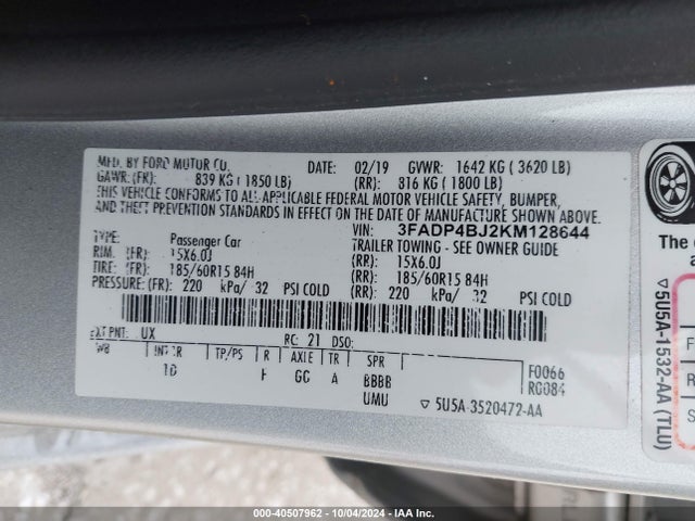 Ford FIESTA SE 2019 3FADP4BJ2KM128644 Image 9
