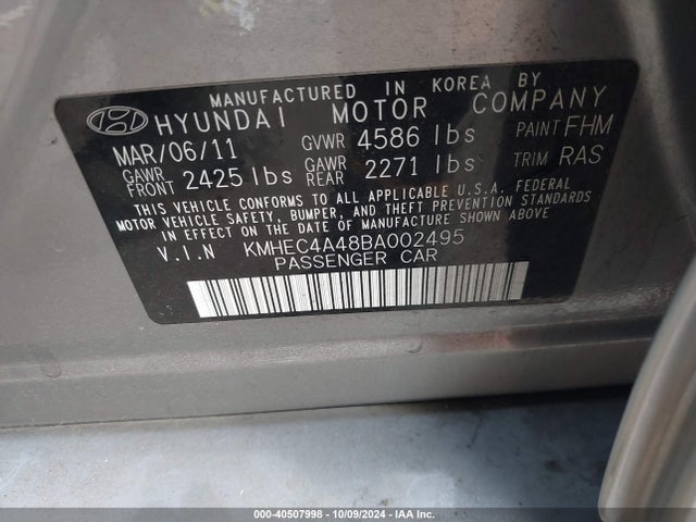 40507998 :رقم المزاد ، KMHEC4A48BA002495 vin ، 2011 Hyundai Sonata Hybrid مزاد بيع
