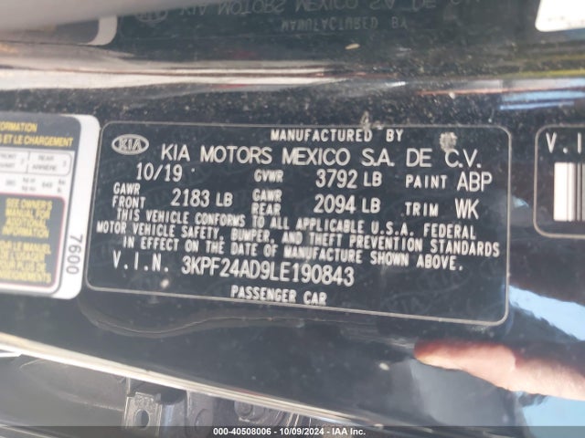 3KPF24AD9LE190843 KIA FORTE FE