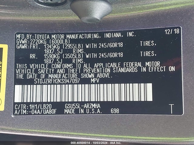 Toyota Highlander Xle 2019 5TDJZRFH2KS947097 Image 9