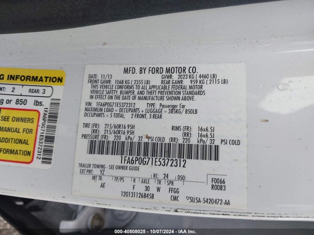Ford FUSION S 2014 1FA6P0G71E5372312 Image 9