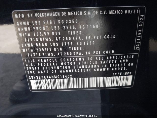 3VV3B7AX4NM013402 Volkswagen Tiguan 2.0t Se
