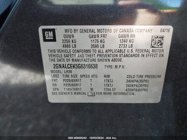 Chevrolet EQUINOX LT 2016 2GNALCEK5G6316638 Image 9