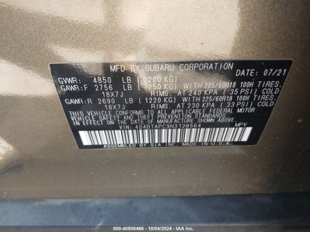4S4BTAPC9N3120564 Subaru Outback Touring