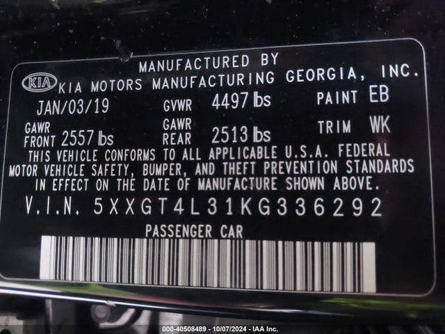 KIA Optima Lx 2019 5XXGT4L31KG336292 Image 9