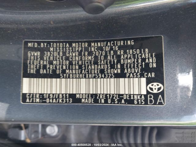 5YFBURHEXHP594325 Toyota COROLLA LE