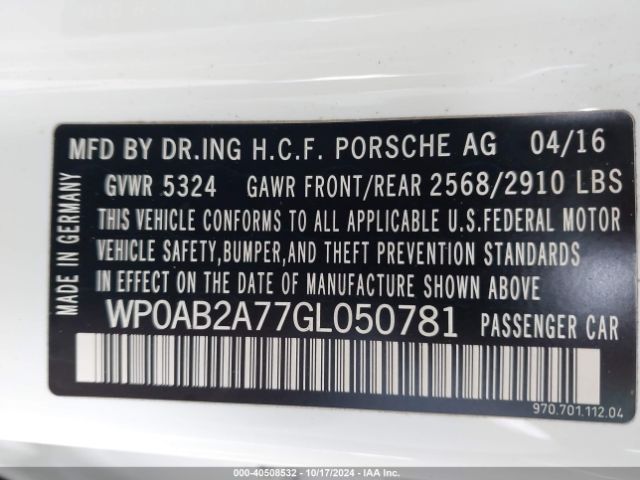 WP0AB2A77GL050781 Porsche PANAMERA S