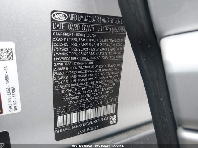 SALGS2RU6LA413364 Land Rover Range Rover Hse