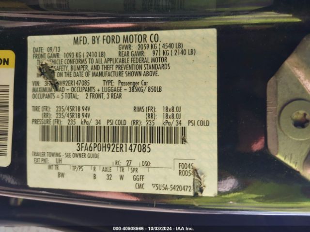 3FA6P0H92ER147085 Ford FUSION SE